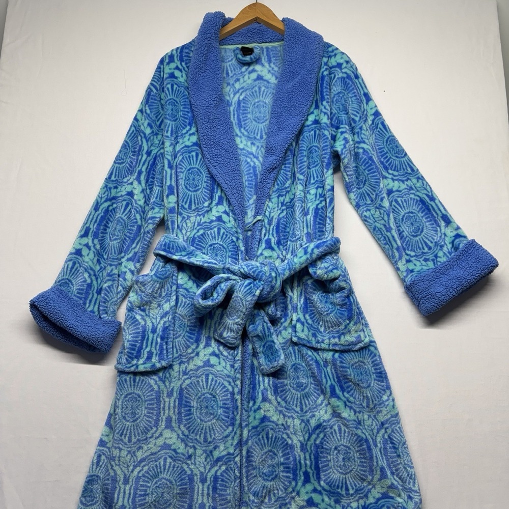 Echo‎ Blue Plush Fleece Robe Women's Large Belted Sherpa Trim Cozy